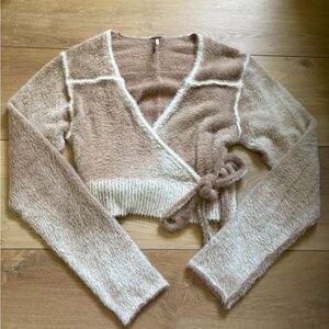 Cozy Tan and Cream Wrap Sweater